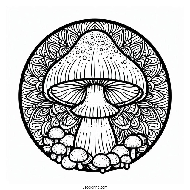 Mushroom Coloring Page In Front Of A Mandala