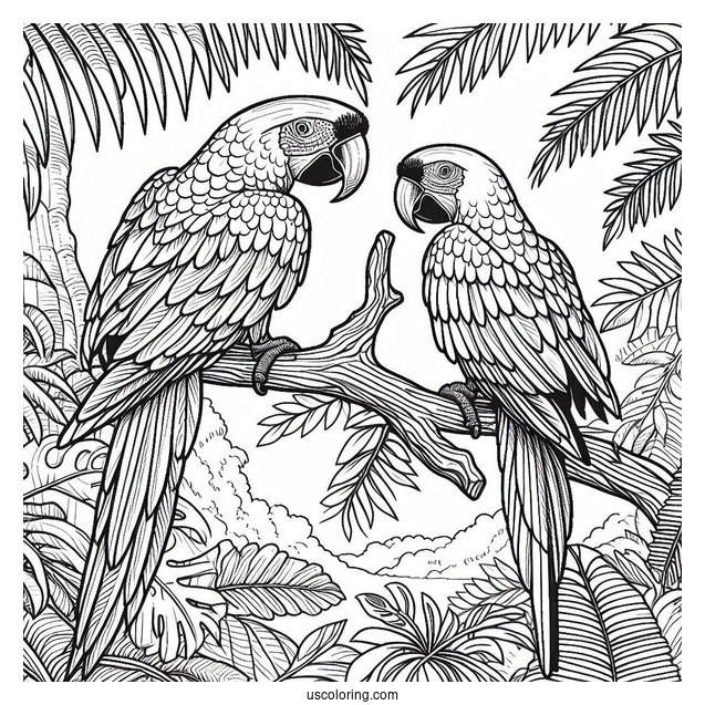 Two Macau Parrots In The Jungle Coloring Page