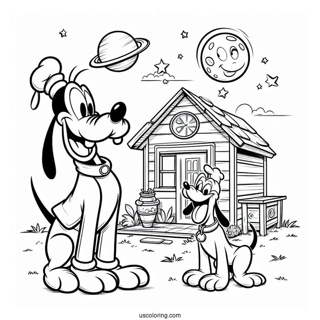 Confuse Goofy Standing Outside Dog House With Pluto Coloring Page