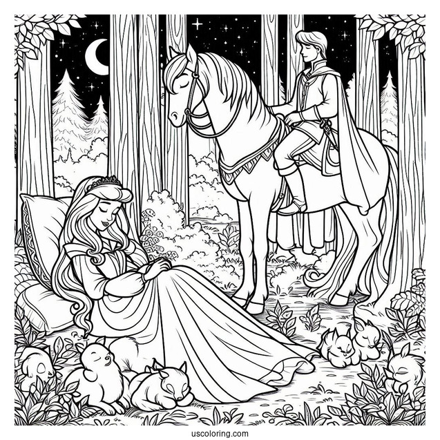 Sleeping Beauty Coloring Page Of Prince Philip Watching Aurora With The Animals In The Forest