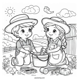 Two Children Working On Farm To Color