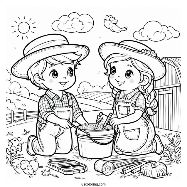 Two Children Working On Farm To Color