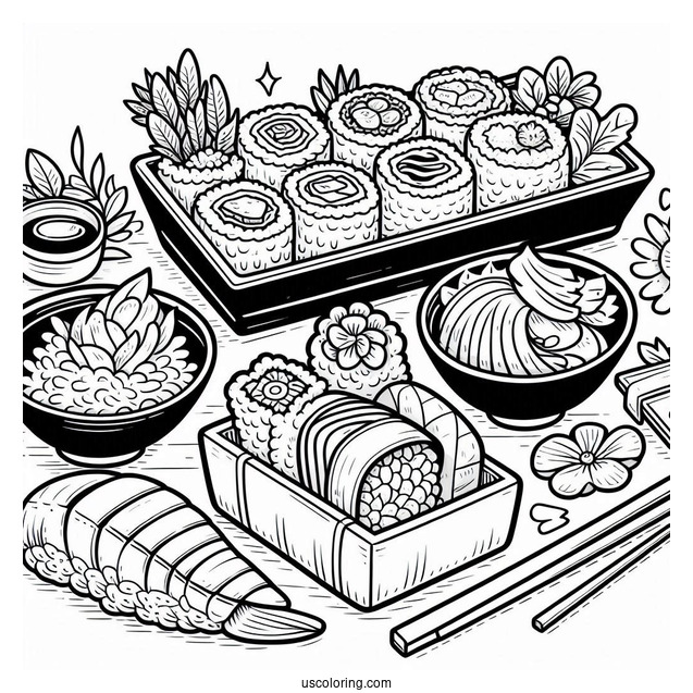 Sushi Coloring Pages In Bento Box For Kids