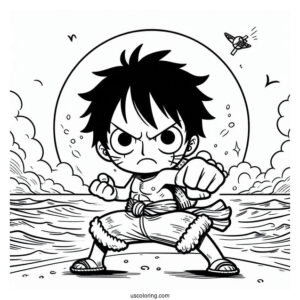 Kawaii Luffy Coloring Page In Fighting Pose On The Sea For Kids