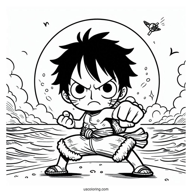 Kawaii Luffy Coloring Page In Fighting Pose On The Sea For Kids