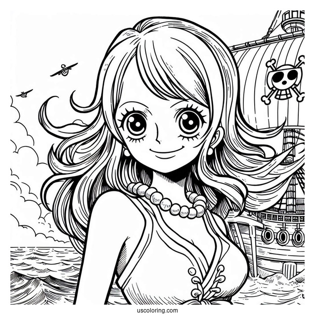 One Piece Coloring Page Of Smiling Nami On Pirate Ship