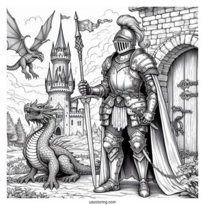 Realistic Knight In Front Of Castle Tower With Dragon