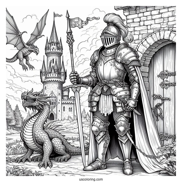 Realistic Knight In Front Of Castle Tower With Dragon