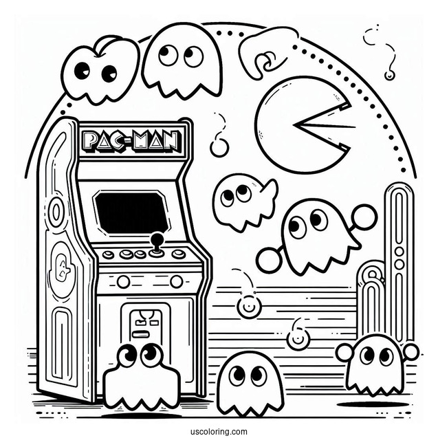 Pac-Man Coloring Page And Ghosts Leaping Out Of Arcade Machine
