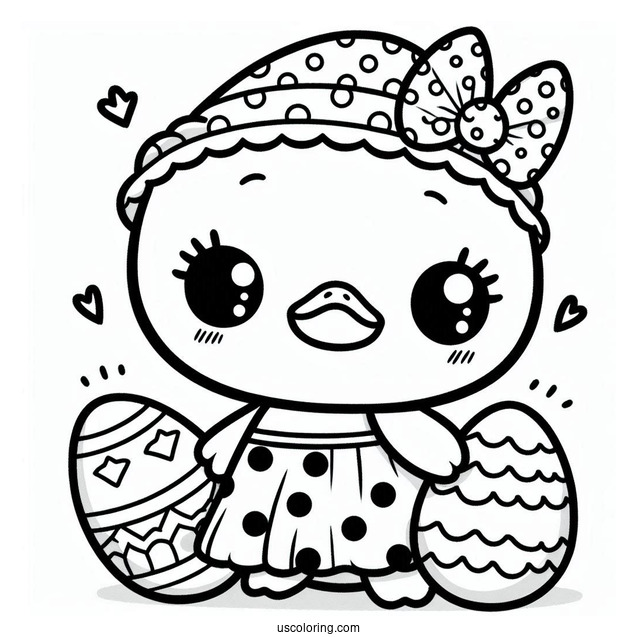 Kawaii Duck In Pola Dot Dress In Easter Coloring Page