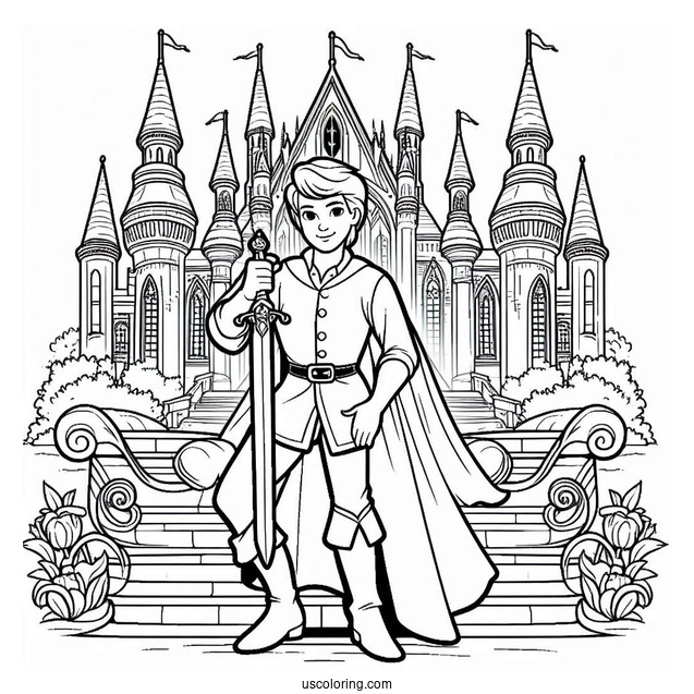 Prince Charming Holding A Sword Inside The Castle Coloring Sheet
