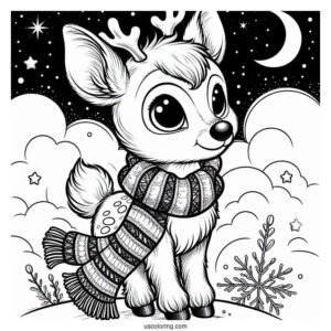 Furry Rudolph Coloring Page Wearing A Scarf Under The Night Sky