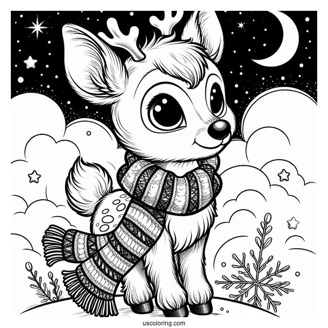 Furry Rudolph Coloring Page Wearing A Scarf Under The Night Sky