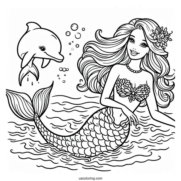 Mermaid Barbie Swimming With Dolphin To Color