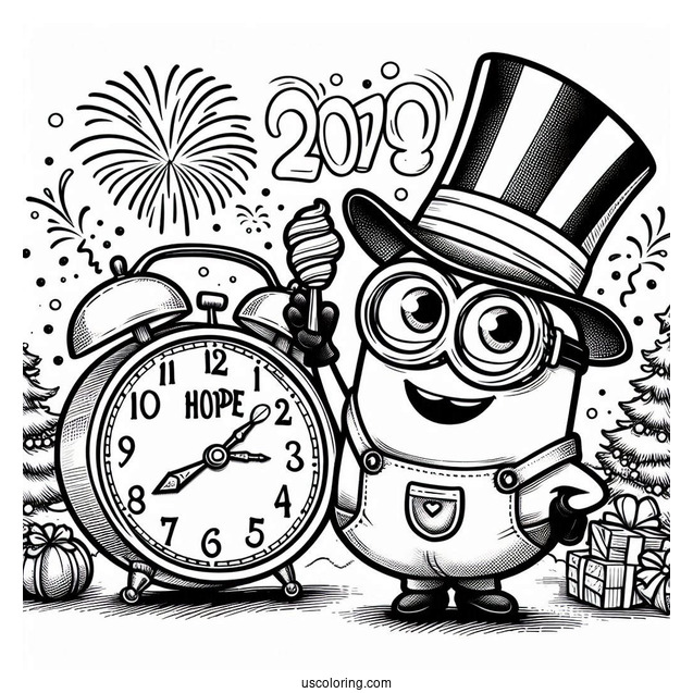 Cute Minion Waving While The Clock Strikes Twelve On New Year Coloring Page
