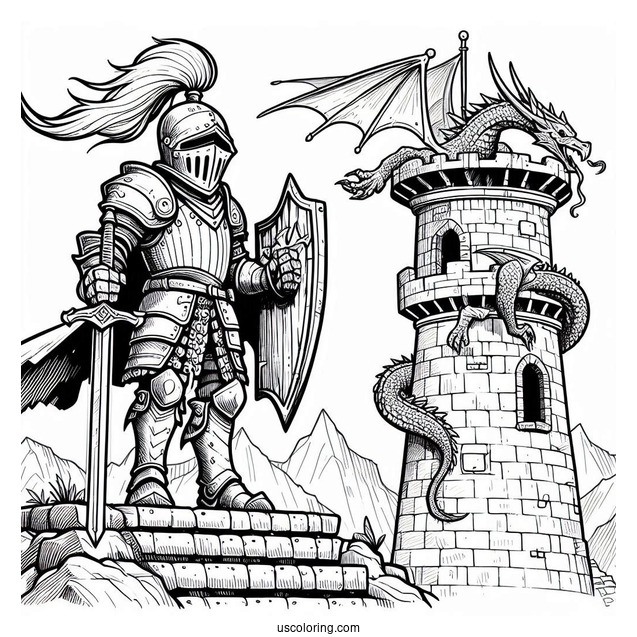 Coloring Page Of Knight With Dragon On Tower