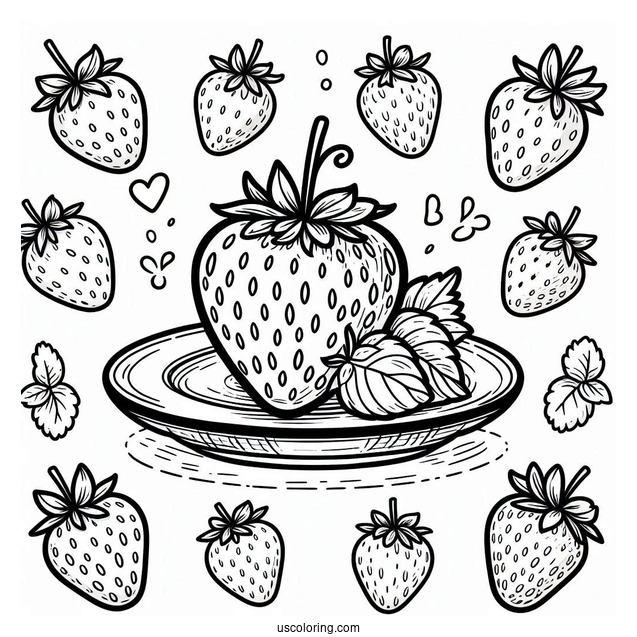 Pretty Strawberry Coloring Page On A Plate For Kids