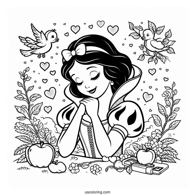 Stunning Snow White Coloring Pages With Love Hearts For Kids