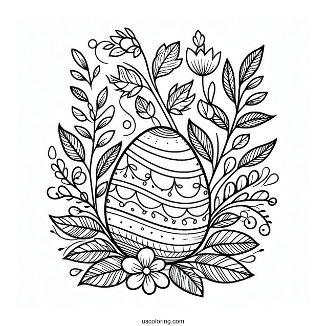 Easter Egg Coloring Page With Leafy Vines and Petals For Adults
