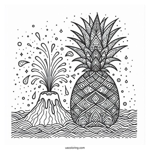 Geometric Pineapple Coloring Page With Volcano Eruption