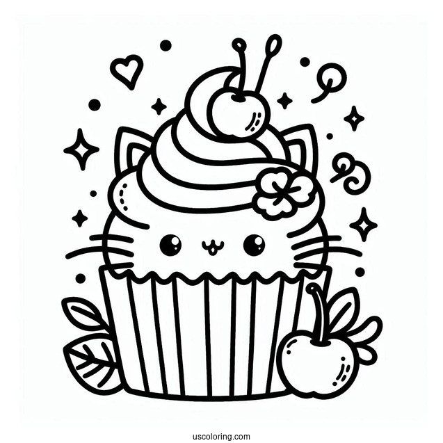 Hello Kitting Cupcake Coloring Page