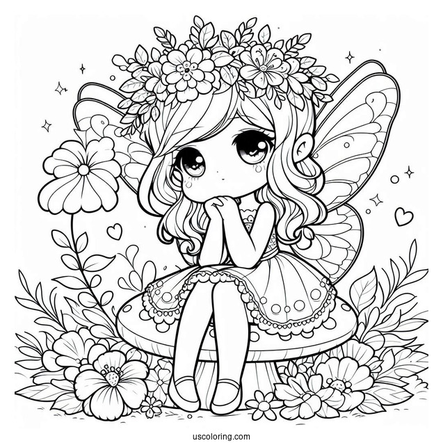 Chibi Coloring Page Fairy Sitting on a Flower For Kids