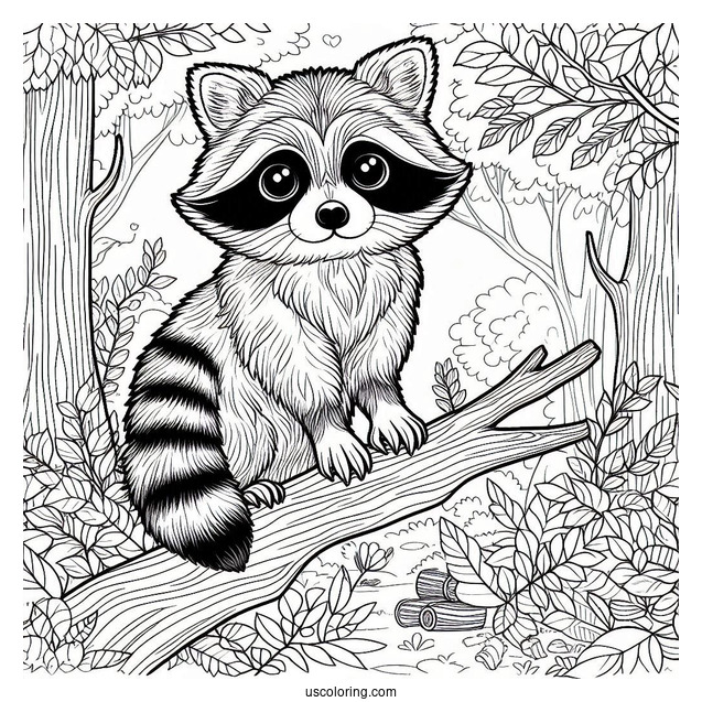 Adult Raccoon Coloring Page In A Forest
