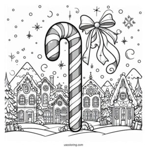 Giant Candy Cane Coloring Page In Winter Wonderland Town