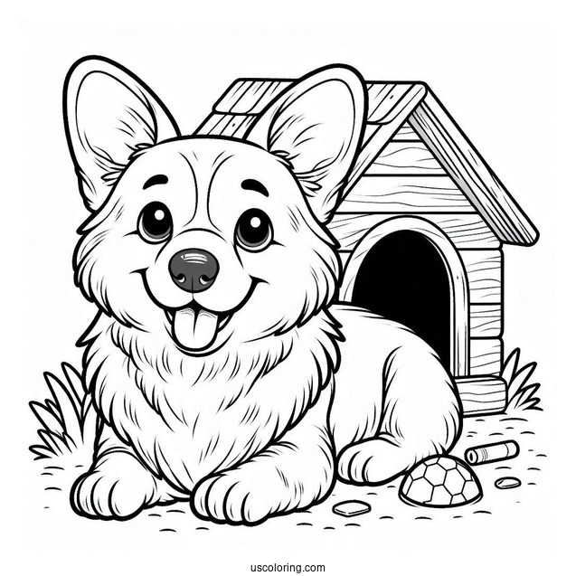 Smiling Corgi Coloring Page Lying Outside Dog House