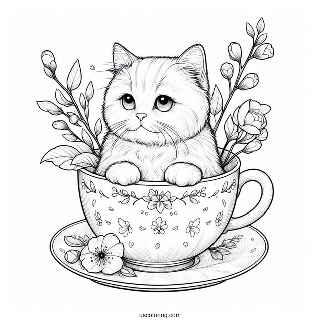 Coloring Page Of Realistic Cat Inside Teacup