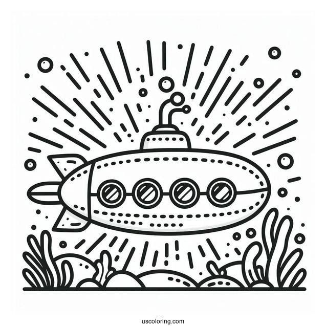 Simple Submarine Coloring Page Outline With Sun Rays And Bubbles