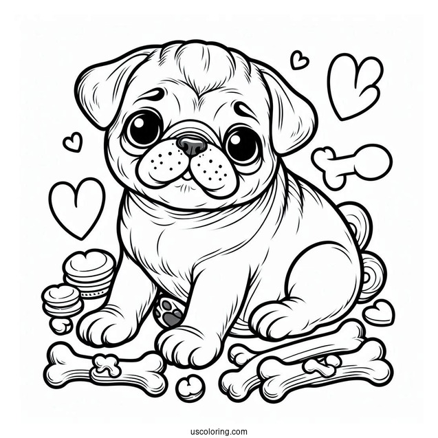 Coloring Page Of Baby Pug With Bones And Hearts