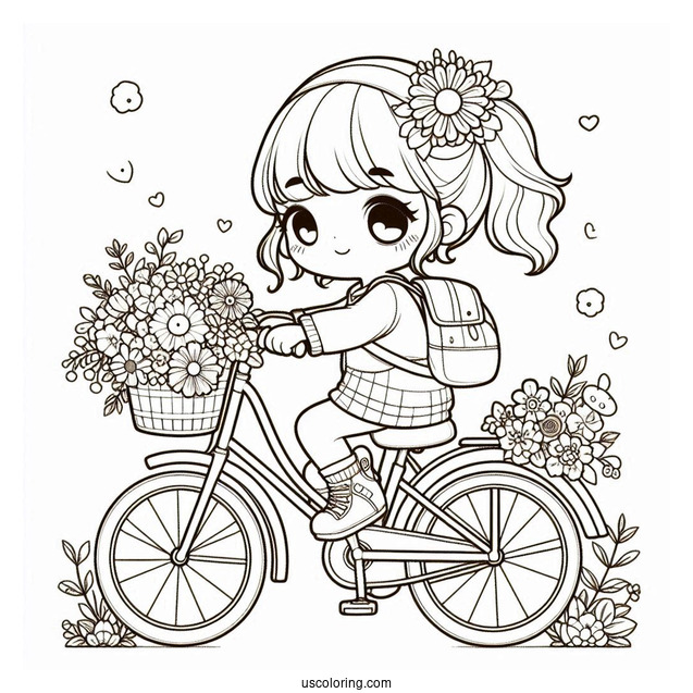 Kawaii Little Girl Riding Bicycle Coloring Page With Flowers For Kids