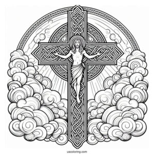Detailed Celtic Cross Coloring Page In The Clouds With Jesus At The Center
