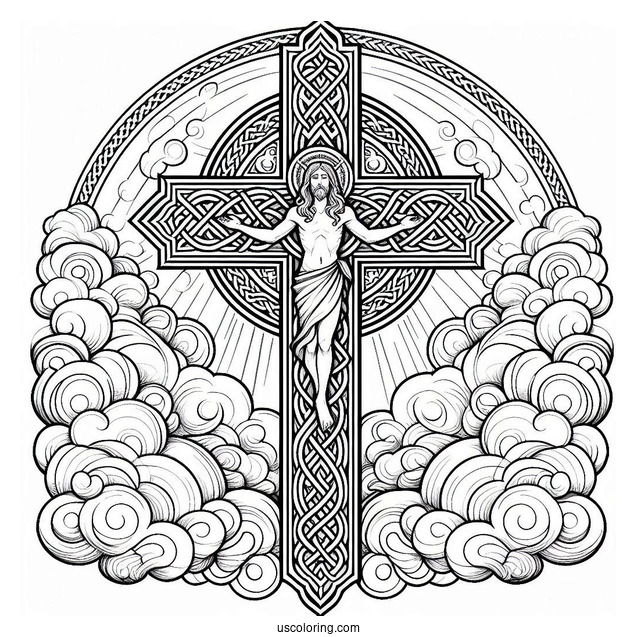 Detailed Celtic Cross Coloring Page In The Clouds With Jesus At The Center