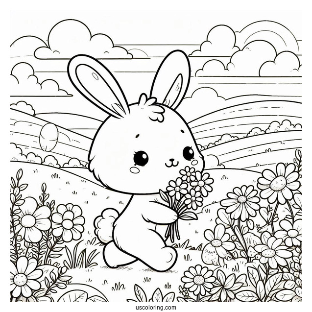 Cute Coloring Page Rabbit Hiking On A Flower Field
