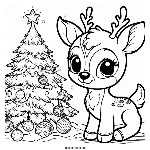 Adorable Little Rudolph Coloring Page Beside A Christmas Tree For Preschoolers