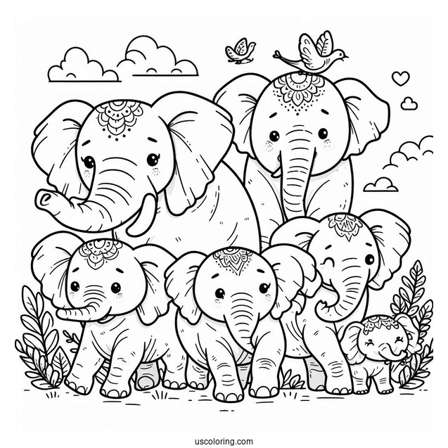 Herd Of Elephants Coloring Page For Kids