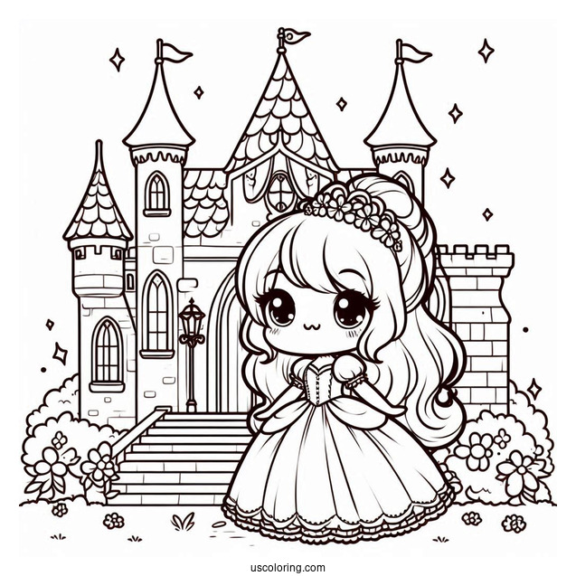 Kawaii Chibi Cinderella Outside Castle Coloring Page For Kids