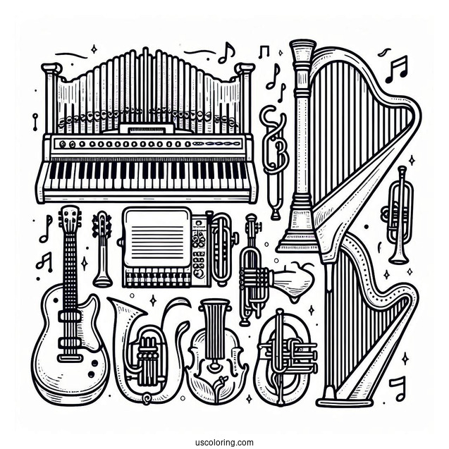 Music Coloring Page Of Organ, Electric Guitar, Trumpet, Violin, Harp, And Saxophone