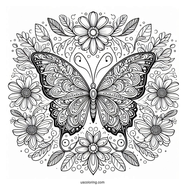 Elegant Butterfly Coloring Page Mandala Surrounded By Flowers