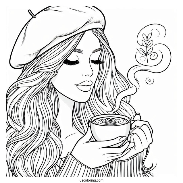 Woman Wearing Beret Drinking Coffee Coloring Page For Kids
