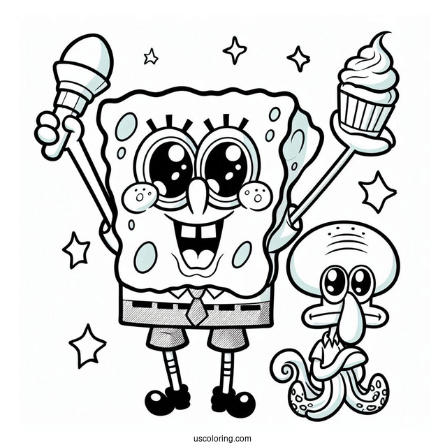 Cute SpongeBob Holding Squidward Coloring Page For Kids