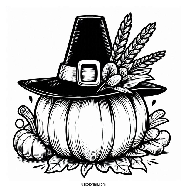 Thanksgiving Pumpkin Coloring Page Wearing Pilgrim Hat