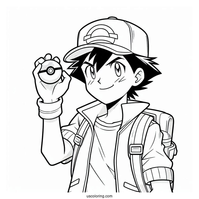 Pokemon Trainer Ash Holding Up A Pokéball Coloring Page