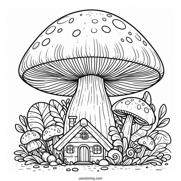 Massive Mushroom Coloring Page Growing Around A Small House