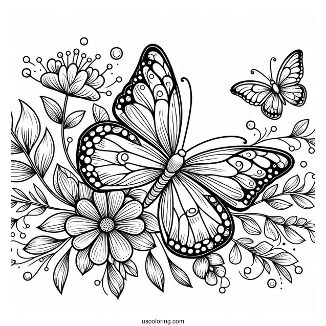 Full Page Butterflies With Flowers Coloring Page