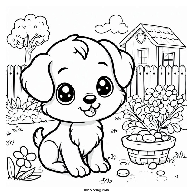 Coloring Sheet Of Cartoon Puppy In Backyard