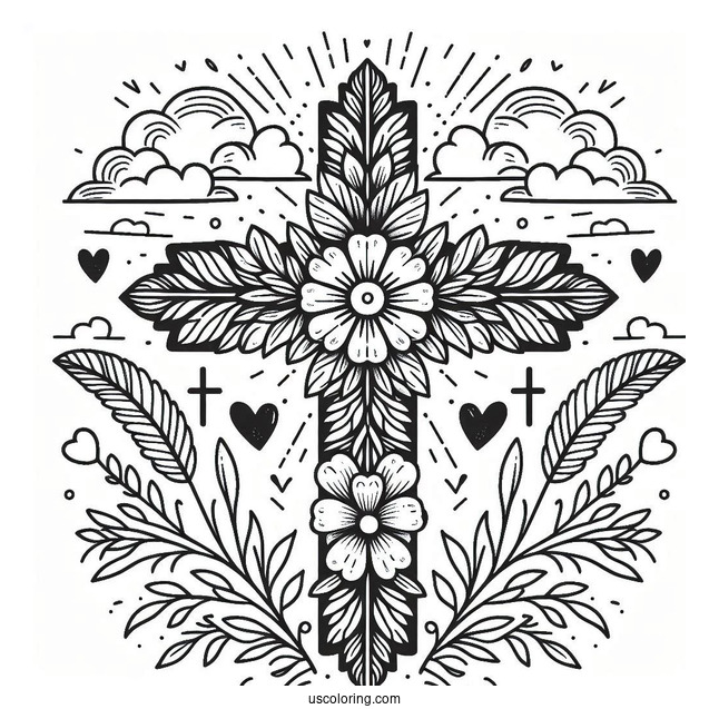 Floral Cross Coloring Page With Clouds In The Sky And Love Hearts