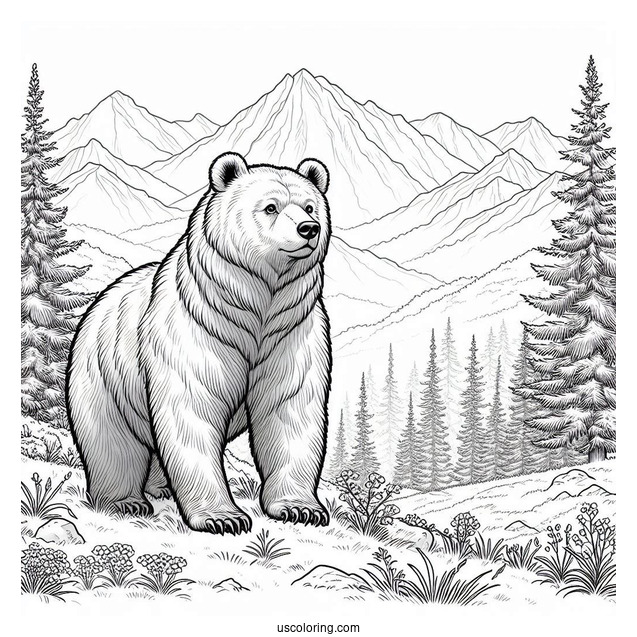 Realistic Bear Coloring Page Standing Up In Mountainside